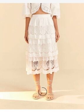 FARM Rio White Tiered Lace Midi Skirt NWT